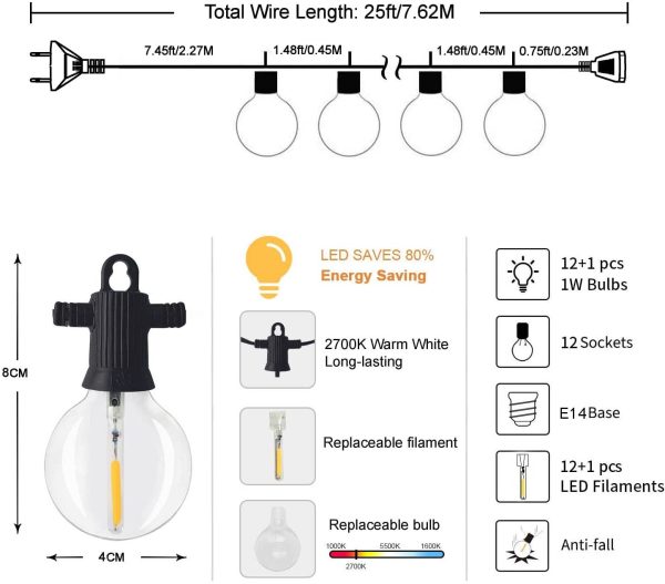 Catene luminose Esterno LED, 7.6M/25FT G40 Luci Esterno Catena Luminosa con 12+1 Lampadine Infrangibile, Impermeabile IP65 per Giardino Casa Festa Natale Terrazza Matrimonio Partito - immagine 7