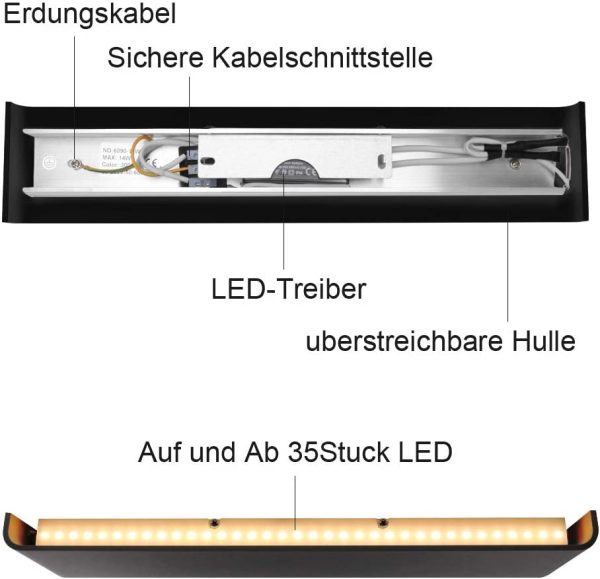 2 Pezzi Applique da Parete 41cm Interno LED, 14W 1340 Lumen Lampade da Parete Moderne in Alluminio, Lampada Muro per Soggiorni, Camere da letto, Corridoi, 3000K Bianco Caldo, Nero