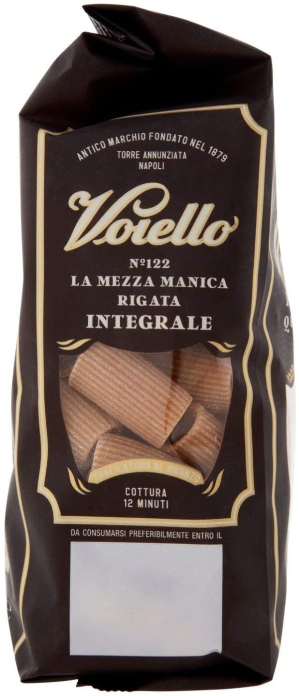 Voiello Pasta Mezze Maniche Rigate Integrali N.122, Pasta Corta di Semola Grano Aureo 100% - 500 g