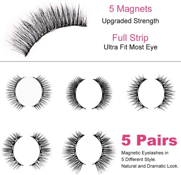 URAQT Ciglia Finte Magnetiche e Eyeliner Magnetico Kit, 5 Paia Ciglia Magnetiche Impermeabile Naturali, Set di Ciglia Finte Riutilizzabili di Effetto 3D