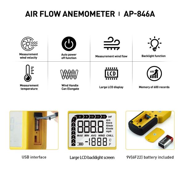 Anemometro Digitale Portatile INFURIDER YF-846A Anemometri di Velocità Meter Gauge, Misurare Velocità del Vento / Flusso del Vento/ Temperatura CFM CMM HVAC con Max/Min/Avg - immagine 3