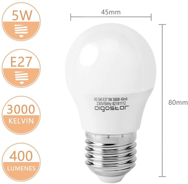 Lampadine LED E27 5W Luce Bianca Calda 3000K 400 Lumen, Mini Globo Lampadina Pacco da 10 [Classe di efficienza energetica A+] - immagine 4