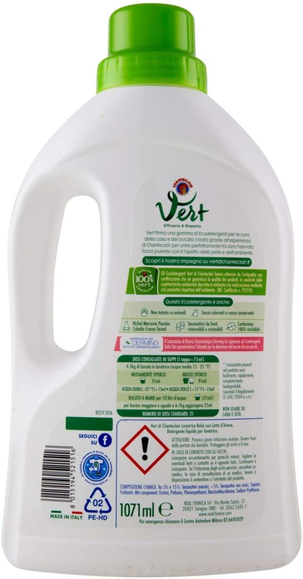 Vert di Chanteclair, Ecodetergente Lavatrice Bebè con Latte d'Avena - formato da 1071ml, 21 dosi