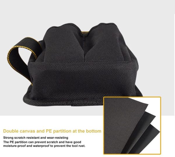 '- Piccola borsa degli attrezzi in tela, con tasca e cintura regolabile in nylon; borsa resistente e professionale da tenere in vita, per lavori tecnici ed elettricisti; colore nero - immagine 3