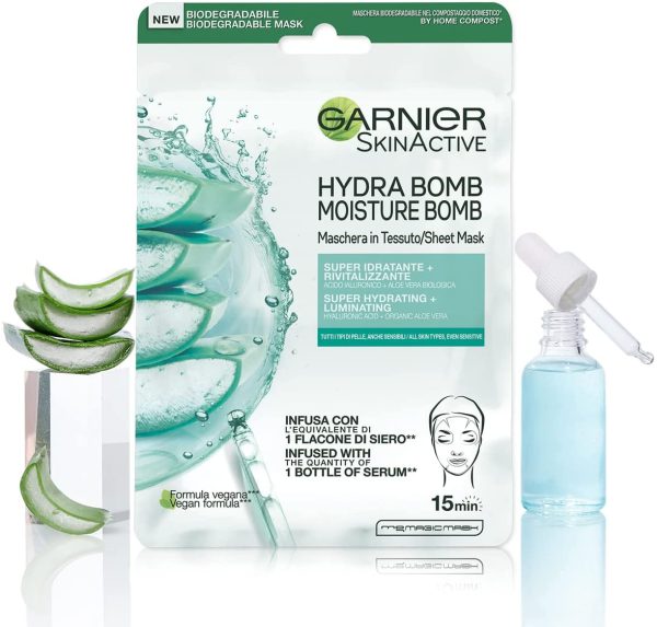 Garnier Maschera in Tessuto Skin Active Hydra Bomb, Formula Super Idratante e Rivitalizzante, Per Tutti i Tipi di Pelle, Con Acido Ialuronico e Aloe Vera Biologica, Confezione da 5 - immagine 6