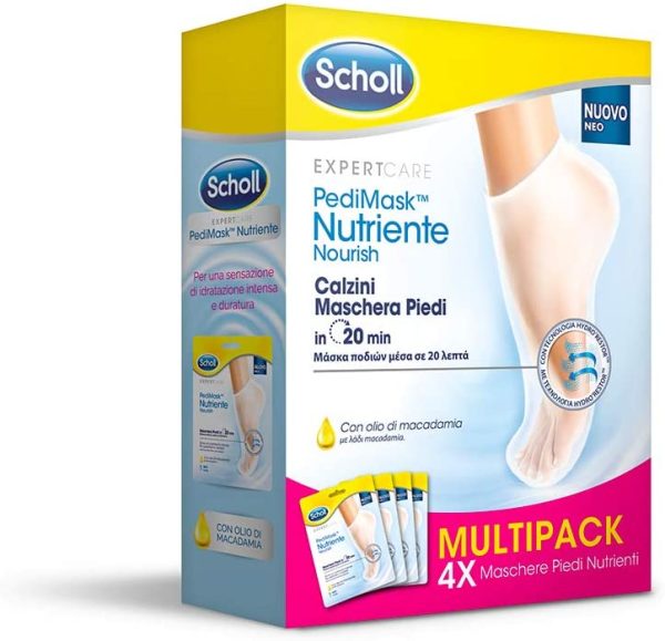 Scholl Pedimask Maschera Piedi Nutriente con Olio di Macadamia, 0% Profumi e Coloranti, 4 Paia di Calzini Idratanti, Tempo di azione: 20 minuti