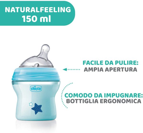 Chicco NaturalFeeling Biberon Anticolica 0+ Mesi, 150 ml, con Tettarella Inclinata in Morbido Silicone e Doppia Valvola, Allattamento Naturale e Istintivo, Azzurro - immagine 2