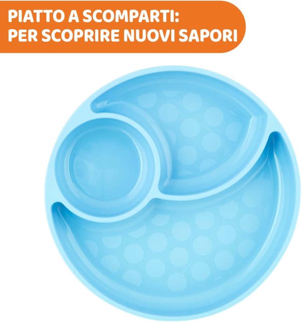 Chicco Piatto con Ventosa per Beb?? e Bambini, Piatto Pappa in Silicone a Scomparti con 3 Aree, Morbido e Resistente, Lavabile in Lavastoviglie, Adatto per il Microonde, Senza BPA - 12+ Mesi, Azzurro - immagine 6