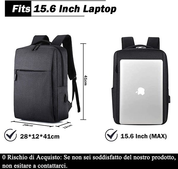 BIGFOX Zaino Uomo, Zaino PC Portatile 15.6 Pollici Zaino Impermeabile, Zaino per Laptop con Porta di Ricarica USB, Zaino da Viaggio, Zaino Lavoro Uomo per Universita Scuola Viaggio, Nero - immagine 5