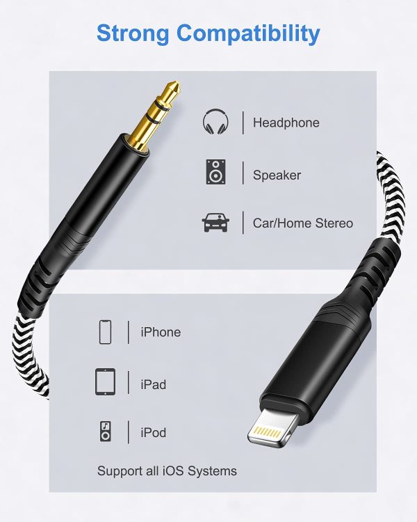 Cavo AUX per auto per iPhone [certificato MFi] Cavo audio Aux intrecciato da Lightning a 3,5 mm Premium compatibile con iPhone 12/11/7/7P/8/8P/X/XS/XR Utilizzato per autoradio, altoparlanti,cuffie??1M?? - immagine 2