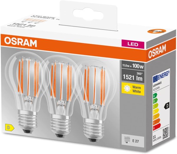 OSRAM LED BASE Classic A100, lampade LED a filamento chiaro in vetro per base E27, forma di lampadina, bianco caldo (2700K), 1521 lumen, sostituzione di lampadine tradizionali 100W, scatola da 3 - immagine 4