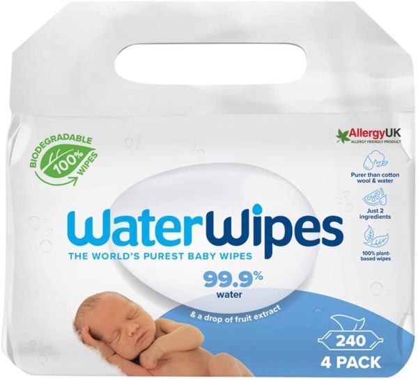 WaterWipes Salviette Umidificate, Salviette Neonato per Pelli Delicate, 99.9% di Acqua Purificata, Biodegradabile, 60 Unità (Confezione da 4)