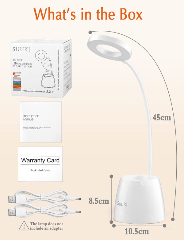 Lampada da Scrivania Led, Lampada Scrivania con 3 Modalità di Illuminazione, Luce da Scrivania Dimmerabile con Occhi-Cura, Bianca Lampada da Tavolo Ricaricabile Girevole con Portapenne e Portatelefono - immagine 2