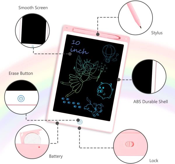 Vicloon Tavoletta Grafica LCD Scrittura, 10 Pollici Colorato Ewriter Writing Tablet Riutilizzabile, Lavagna da Disegno Digitale Portatile, Adatto a bambini e adulti, Della Casa Scuola Ufficio (Rosa) - immagine 4