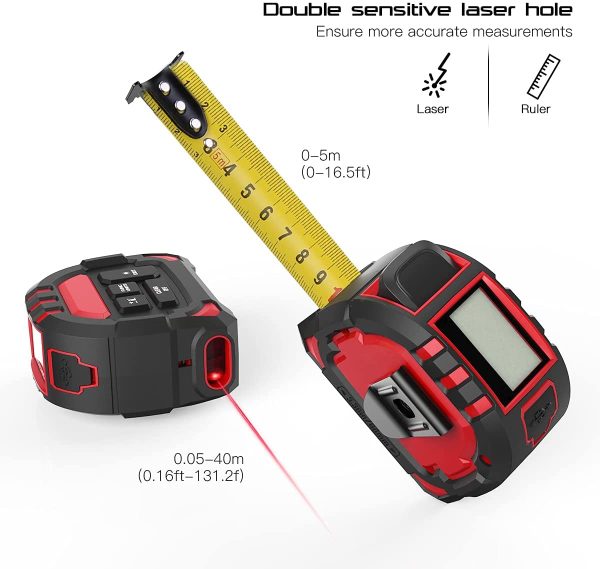 Metro Laser 40M, Misuratore Laser 2 in 1, Metro a Nastro 40M e nastro di misura 5M, con ricarica Type-C e display digitale LCD, 50 gruppi di memoria dati, misure di distanza/area/volume