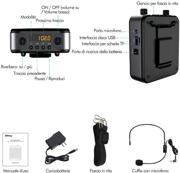 Giecy Amplificatore vocale portatile con microfono cuffia 30W Batteria ricaricabile 2800mah Sistema PA amplificatore vocale mini per insegnanti, guida turistica, allenatori, presentatori - immagine 2