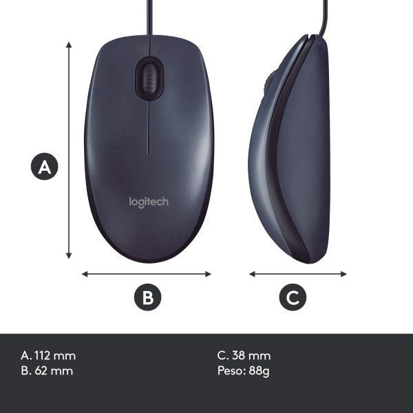 B100 Mouse USB Cablato, 3 Pulsanti, Rilevamento Ottico, Ambidestro, PC / Mac / Laptop/Chromebook - Nero - immagine 2