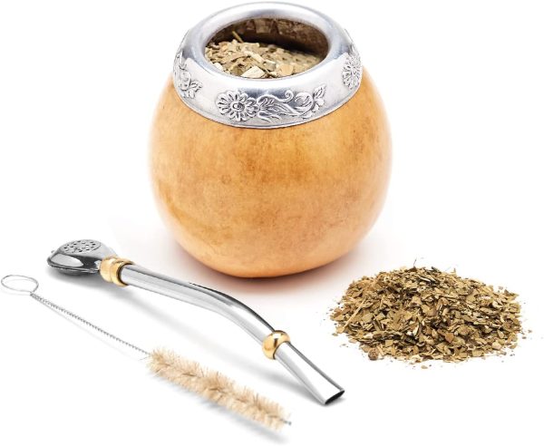 Mate Argentino - Te Mate Kit di Zucca Naturale Fatto a Mano (Tazza Mate Originale) Compreso Bombilla Mate (Yerba Mate Bombilla) - Set Mate Argentino Autentico (Beige)