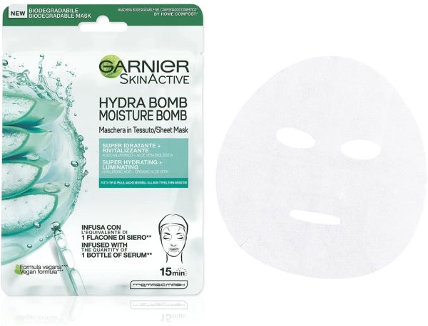 Garnier Maschera in Tessuto Skin Active Hydra Bomb, Formula Super Idratante e Rivitalizzante, Per Tutti i Tipi di Pelle, Con Acido Ialuronico e Aloe Vera Biologica, Confezione da 5 - immagine 5