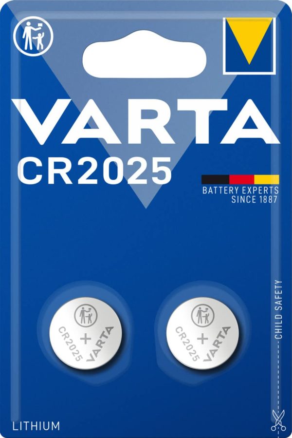 VARTA CR 2025, 6025101402, Batteria Litio a Bottone, Piatta, Specialistica, 3 Volts, Diametro 20mm, Altezza 2,5mm, confezione 2 pile