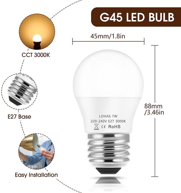 LOHAS Lampadina LED E27, 7W equivalente a 60W, Lampadina LED E27 Luce Calda 3000K, 600 lumens, Lampadina Globo E27 G45, Non Dimmerabile, Pacco da 3 - immagine 4