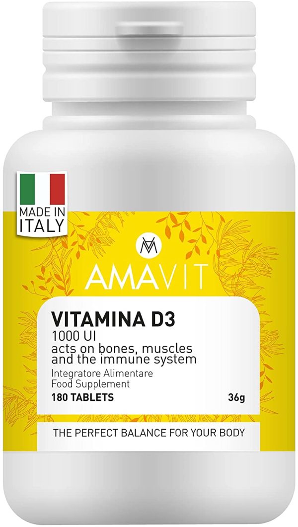 AMAVIT Vitamina D 2000 UI per 2 Compresse [Fornitura per 6 mesi] Integratore Vitamina D3 per le Difese Immunitarie Senza Glutine e Lattosio, Rinforzo del Sistema Immunitario, 180 compresse