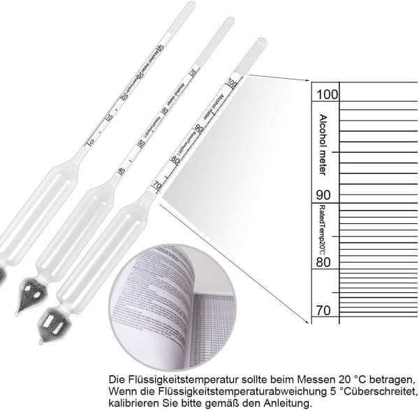 Tefeler Kit di 3 Idrometri per Alcol ?C Alcoolimetro per Misurazione Grado Alcolico 0-100% Comprensivo di Termometro ?C Per Grappa, Distillati,Whisky, Brandy, Wodka, Spirito - immagine 2