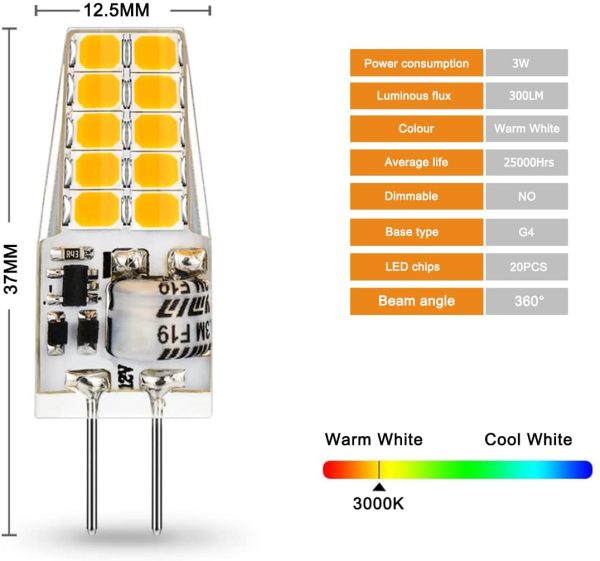 AUTING G4 LED Lampadina,3W Equivalenti a 30W Lampada Alogena,Bianco Caldo 3000K Lampade LED G4 300LM,Non Dimmerabile AC/DC 12V 360 Grado,10 pezzi - immagine 2