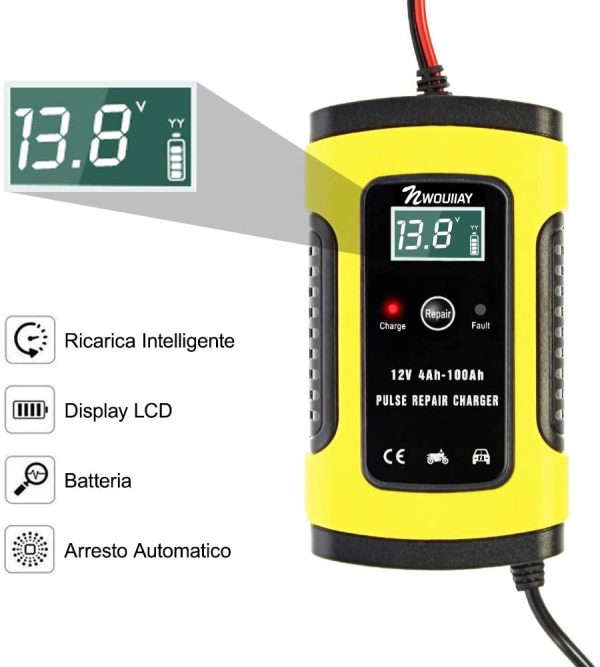 Caricabatteria Auto di Carica 6A/12V Multi Protezioni di Carica Automatico Caricatore Intelligente Caricabatteria da Auto con Schermo LCD per Auto Moto - immagine 2