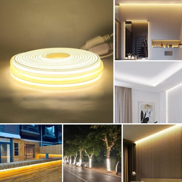 XUNATA Striscia LED COB Flessibile 220V, (Bianco Caldo, 0.5m), IP65 Impermeabile, Nastri LED ad Alta Luminosit?? da 288 LED/m con Cavo di Alimentazione