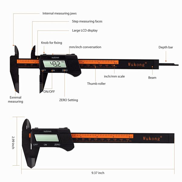 Calibro Digitale Professionale - Wukong Calibro Micrometro 150 mm/6 Pollici con Ampio Display LCD per Misurzione Esterna, Interna, Misurazione di Profondit?? e di Passo