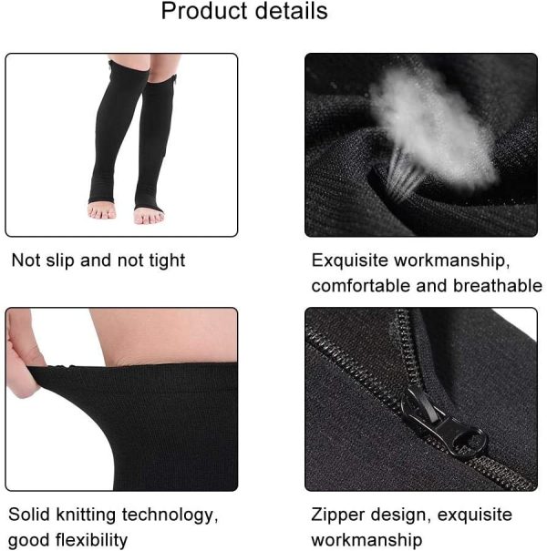 Calze A Compressione, Calze A Compressione Con Cerniera, Calzini Sportivi Con Supporto Al Ginocchio E Polsini Per Calze A Compressione In Rilievo Varicose(Nero-L/Xl) - immagine 5