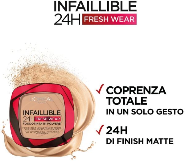 L'Or??al Paris Fondotinta In Polvere Infaillible 24h, Ultra-Coprente e Opacizzante a Lunga Tenuta, Formula Traspirante, Tonalit??: 120 Vanilla - immagine 5