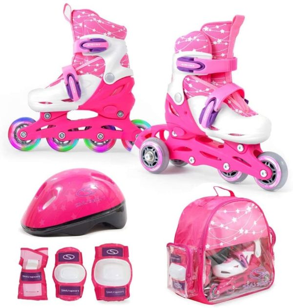 SMJ - Set 2 in 1 per bambine e ragazze, pattini in linea regolabili, set di protezioni + casco + custodia - immagine 8