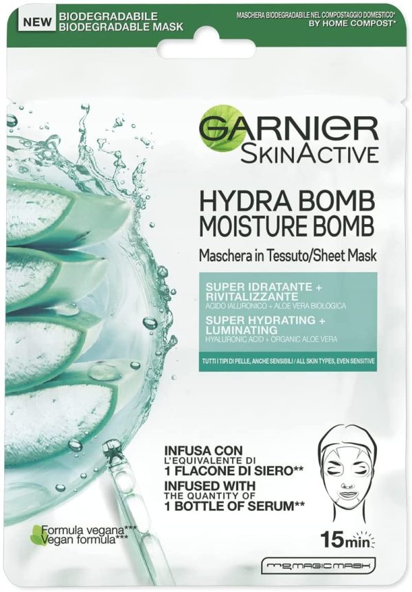 Garnier Maschera in Tessuto Skin Active Hydra Bomb, Formula Super Idratante e Rivitalizzante, Per Tutti i Tipi di Pelle, Con Acido Ialuronico e Aloe Vera Biologica, Confezione da 5 - immagine 2