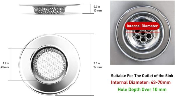 2 Pezzi 3" Filtro per Lavello da Cucina, Cucina Sink Strainer in Acciaio Inox, filtri per lavandini, Addensato, Vasca da Bagno o lavelli da Cucina, 3"/77mm (Piccolo) - immagine 2