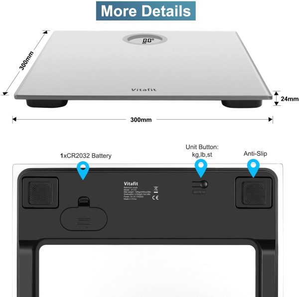 Vitafit Bilancia Pesapersone Digitale Alta Precisione con Tecnologia Step-on,Bilancia Pesa Persona Digitale con Grande display a LCD, 5 kg-180 kg,argento elegante - immagine 4