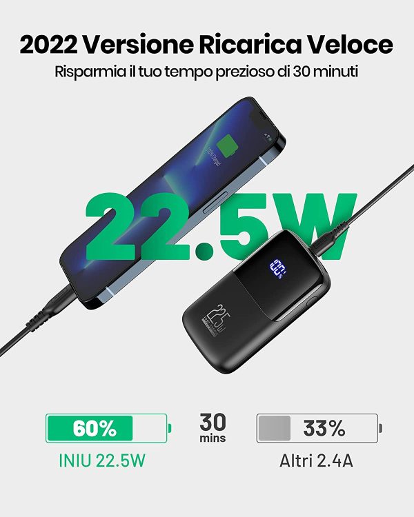 Power Bank,  Ultra Compact 10000mAh 22.5W PD 3.0 QC4.0 LED Display 10000mAh Powerbank, Mini Batteria Esterna con 3 uscite da 5V/3A Powerbank per iPhone 13 AirPods iPad Samsung Xiaomi HUAWEI ECC. - immagine 3