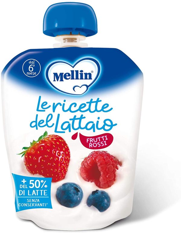 Mellin, Pouch Merenda Latte e Frutti Rossi - 6 Confezioni da 85 gr