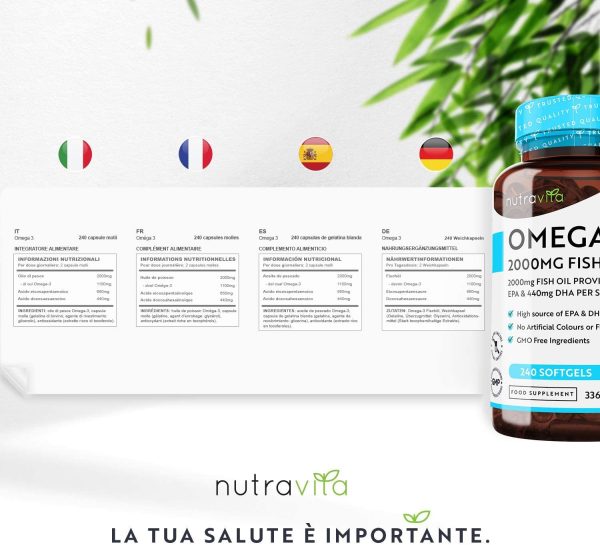 Omega 3 Olio di Pesce da 2000 mg - 660 mg EPA e 440 mg DHA per Porzione - 240 SoftGel Capsule di Olio di Pesce Puro - Fornitura per 4 Mesi - Prodotto nel Regno Unito da Nutravita - immagine 6