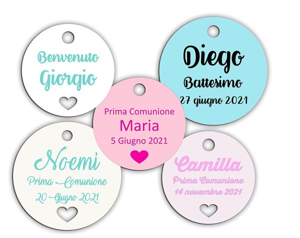 Cartellini TONDO CUORE per bomboniera personalizzati, varie misure, vari colori, 10 pezzi, matrimonio, tondo, etichette, nascita, battesimo, bimbo, cresima, comunione - immagine 8