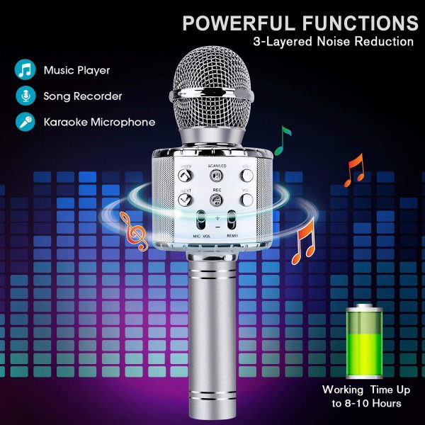 ShinePick Microfono Karaoke, 4 in 1 Bluetooth Wireless LED Flash Microfono Portatile Karaoke Player con Altoparlante per Android/iOS, PC e Smartphone (Argento) - immagine 5