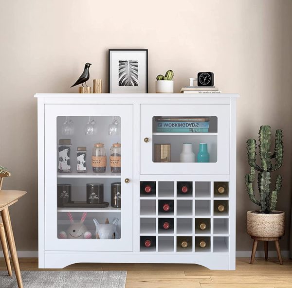 Credenza Cantinetta Moderna, Mobiletto Porta Bottiglie e Calici di Vino, Armadietto con 2 Ante in Legno, adatto per Sala da Pranzo, Soggiorno, 94.5x35x82cm - immagine 2