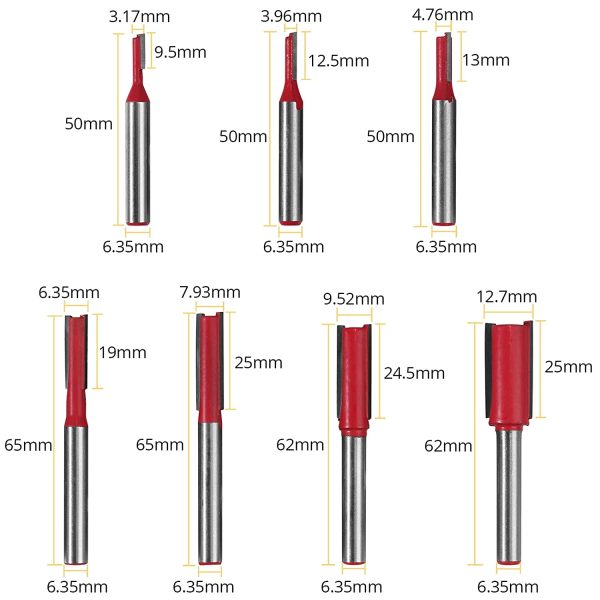 AMTOVL 7PZ Router Bit Set a Doppia Scanalatura con Codolo 6.35mm per Lavorazione Legno 7x Punta Dritta con Lame 1/8" 5/32" 3/16" 1/4" 5/16" 3/8" 1/2" Kit Fresa per Router con Scatola Separata - immagine 3