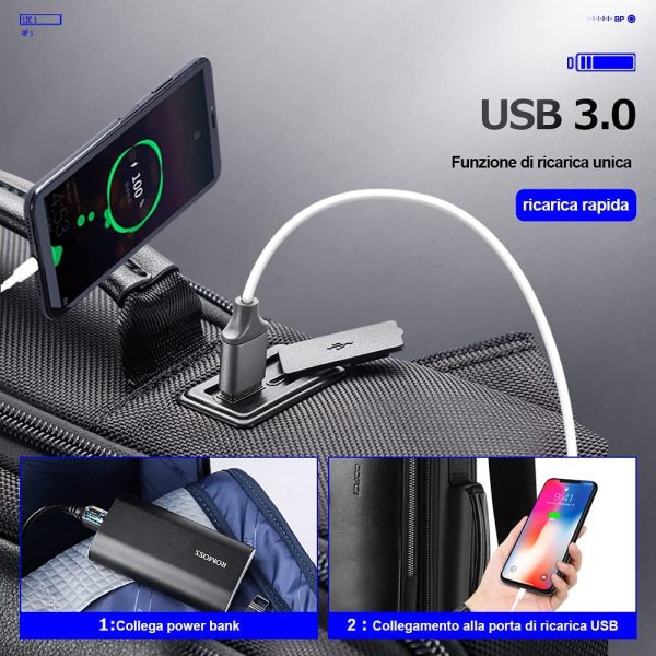 Zaino Antifurto Intelligente e Zaino per Laptop Portatile 15.6 Pollici Impermeabile con Ricarica USB Zaino College Casual Viaggio Bussiness, Nero - immagine 4