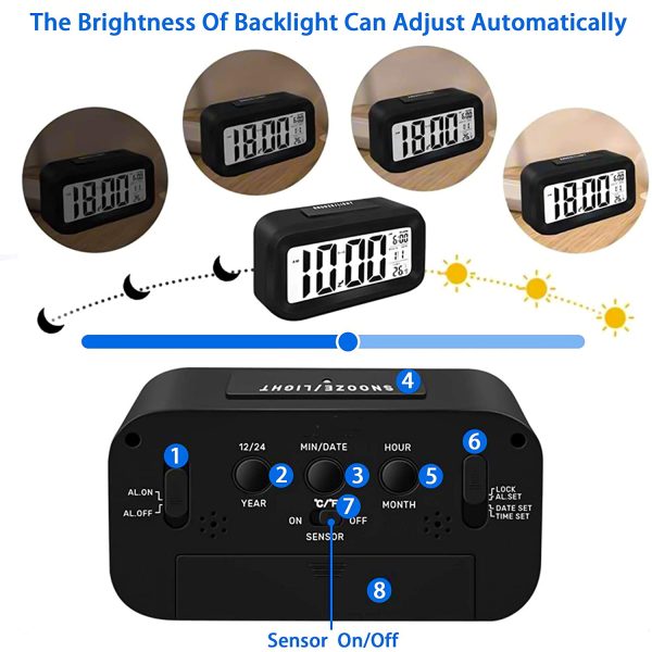 Sveglia Digitale,  Sveglia da Comodino Elettronica con Luce Notturna, Display a LCD da 5,3 Pollici con Funzione Ora Data Temperatura, Funzione Snooze, Senza Ticchettare - immagine 4