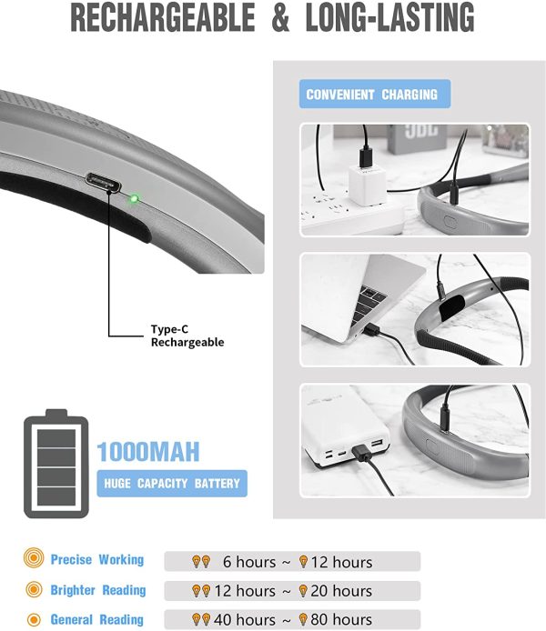 Lampada da Lettura, LED luce del libro, Ricaricabile, 3 Colori, 6 Livelli di luminosit??, Bracci pieghevoli, mani libere, Perfetta per E-Reader, Studio,Letto,Viaggi,Lavoro a Maglia - immagine 6