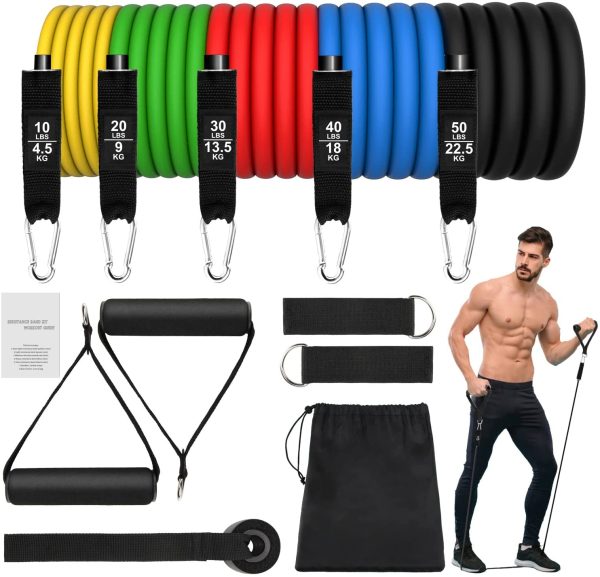 Set Elastici Fitness di Resistenza 5 Bande Elastiche Elastici da Pilates Elastico Fitness Set Fasce di Resistenza Estensori per Pettorali Uomo 150LB per Yoga, Pilates - 11 Pezzi - immagine 5