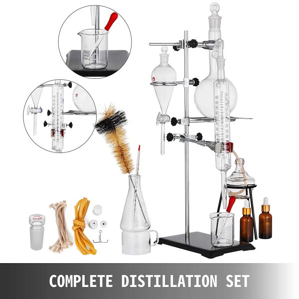 VEVOR Professional Laboratory Distillation Glass Kit 25 Pezzi, Unit?? di Distillazione del Vetro da Laboratorio, Apparecchio di Distillazione del Condensatore, Distillazione di Acqua Pura 500 ml - immagine 2