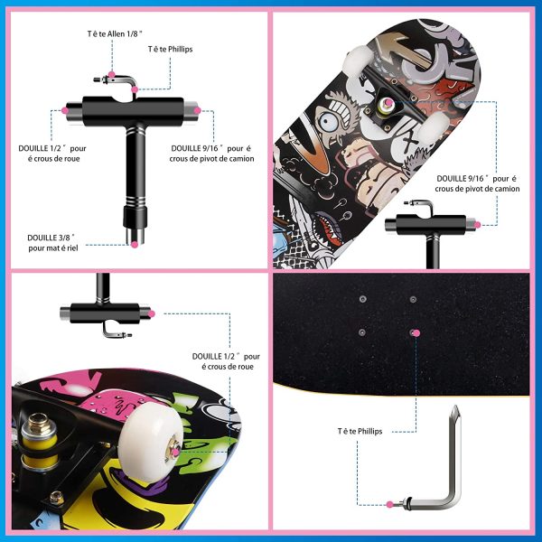 Skateboard per Principiante, 80x20 cm Skateboard Completo in Legno per Bambino Adolescenti Adulto, 7 Strati di Acero Doppio Kick Deck Concavo Trick Cruiser con lo strumento T Tutto in Uno - immagine 5